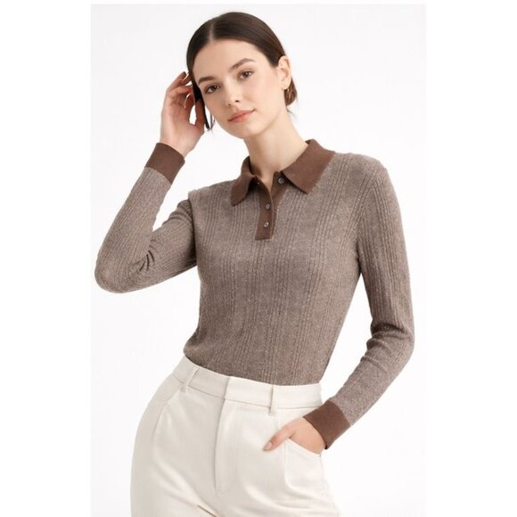 Current Air Sweaters - Current Air Womens Polo Sweater NWOT Brown 100% Cotton Size L Academia